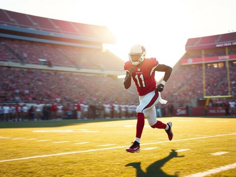 A dynamic action shot of Larry Fitzgerald in his Arizona Cardinals uniform, mid-catch with a defender in pursuit. The image c