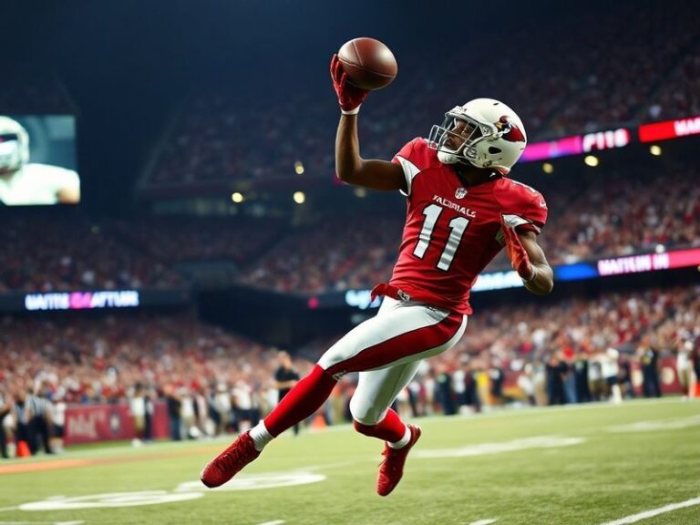 A mid-career action shot of Larry Fitzgerald wearing his Cardinals uniform, mid-stride on the field with a focused expression