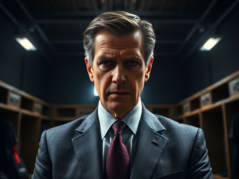 A mid-career action shot of Billy Donovan on an NBA sideline, wearing a dark suit and headset, with blurred players and spect