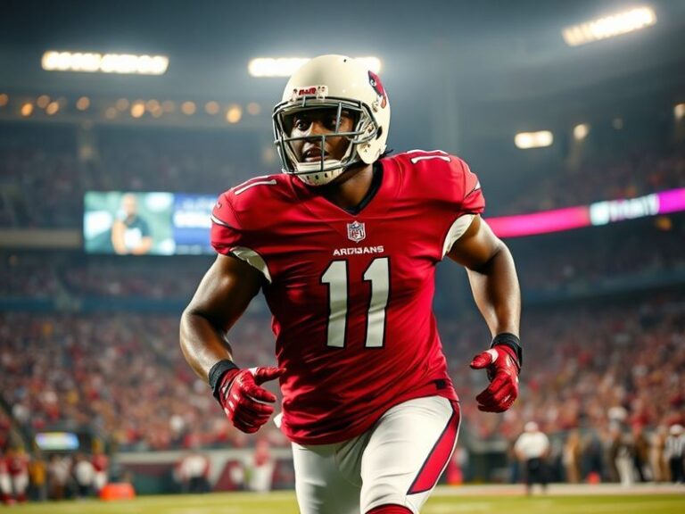 A mid-career portrait of Larry Fitzgerald in his Cardinals uniform, looking focused on the field under stadium lights, with a