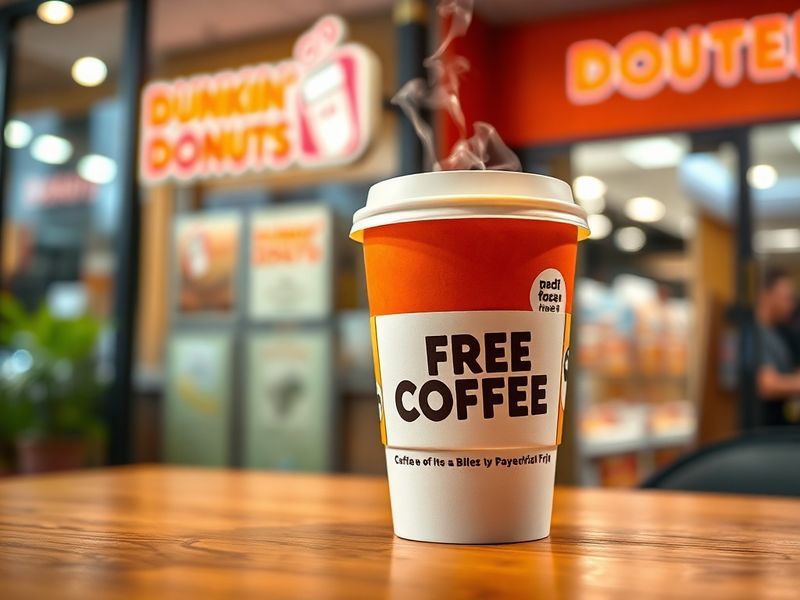 A barista hands a customer a steaming cup of Dunkin' coffee against a vibrant storefront backdrop, with a smartphone displayi