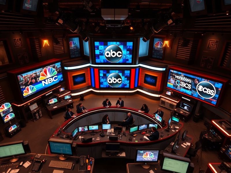 A split-screen image of the three network news anchors—Lester Holt (NBC), David Muir (ABC), and Norah O'Donnell (CBS)—standin