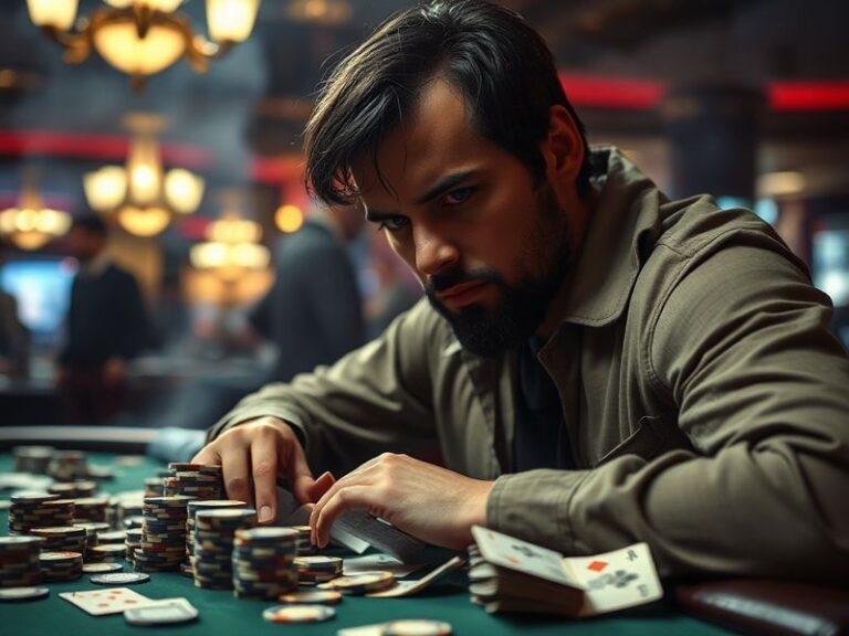 A high-energy poker table scene featuring a diverse group of players in a modern casino setting, with cards, chips, and a liv