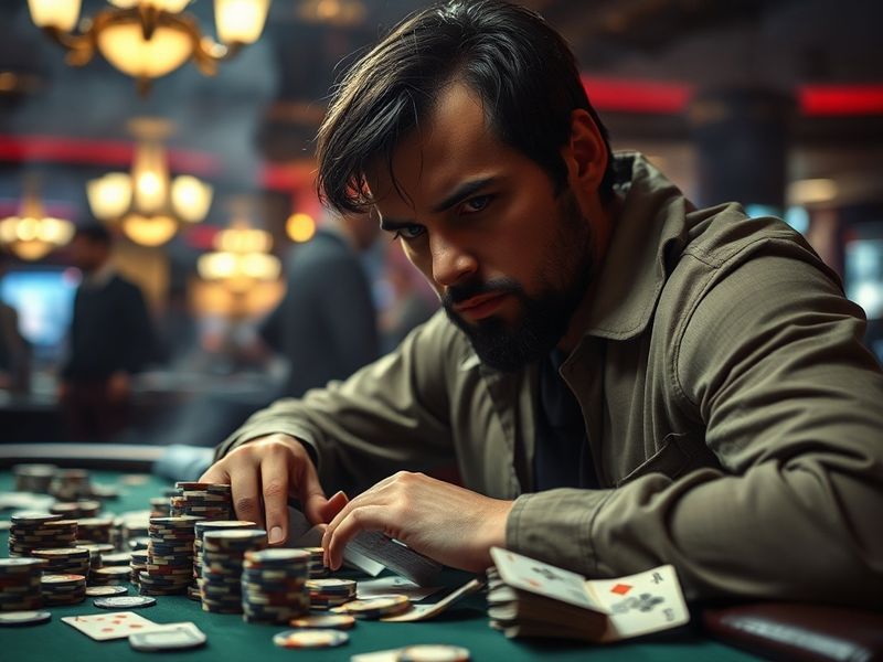 A high-energy poker table scene featuring a diverse group of players in a modern casino setting, with cards, chips, and a liv