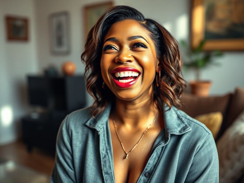 A professional portrait of Taraji P. Henson on a film set, dressed in an elegant outfit, with a warm smile. The background fe