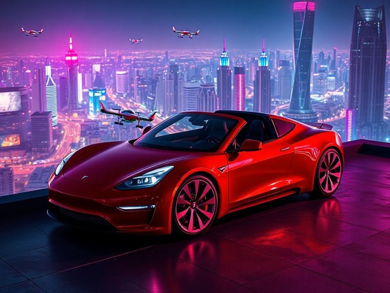 A sleek Tesla Roadster in motion on an open highway at sunset, showcasing its aerodynamic design, futuristic LED lighting, an