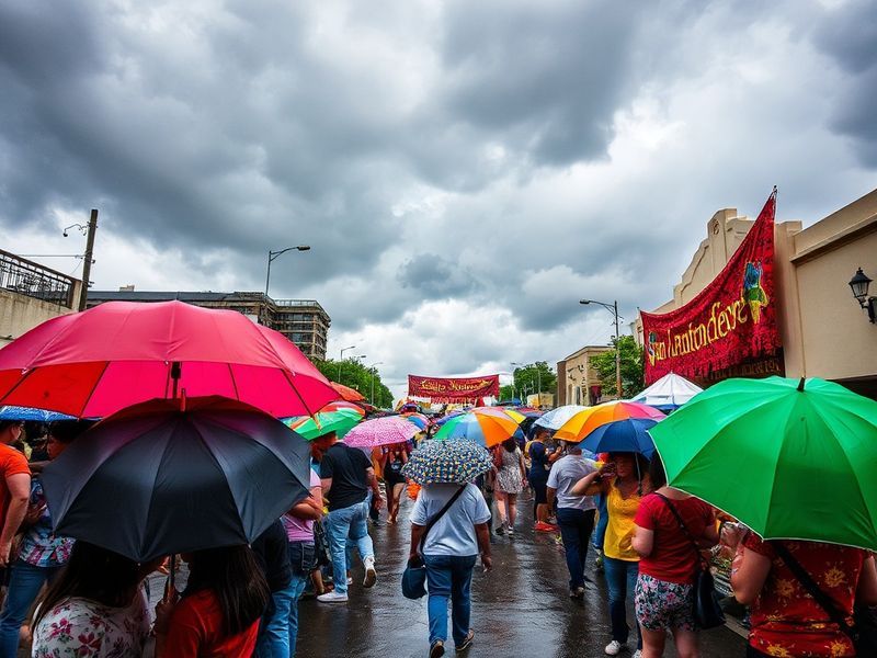 A vibrant photo of Fiesta San Antonio’s Battle of Flowers Parade with dark storm clouds looming overhead, capturing the contr