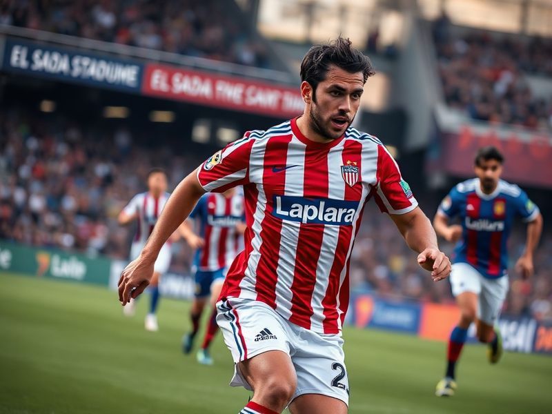 A vibrant stadium atmosphere at El Sadar with Osasuna fans in red and white scarves creating a sea of color, while Athletic C
