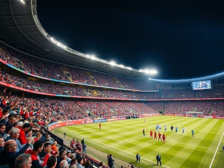 A vibrant shot of Son Moix Stadium in Palma de Mallorca during a match, with Valencia CF fans in the away section creating a