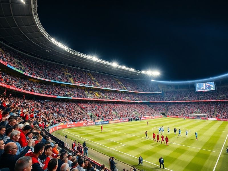 A vibrant shot of Son Moix Stadium in Palma de Mallorca during a match, with Valencia CF fans in the away section creating a