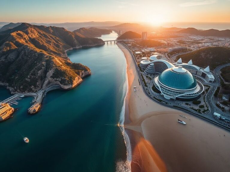 A split-image view: On the left, the serene Tramuntana Mountains meeting the turquoise waters of Mallorca; on the right, the