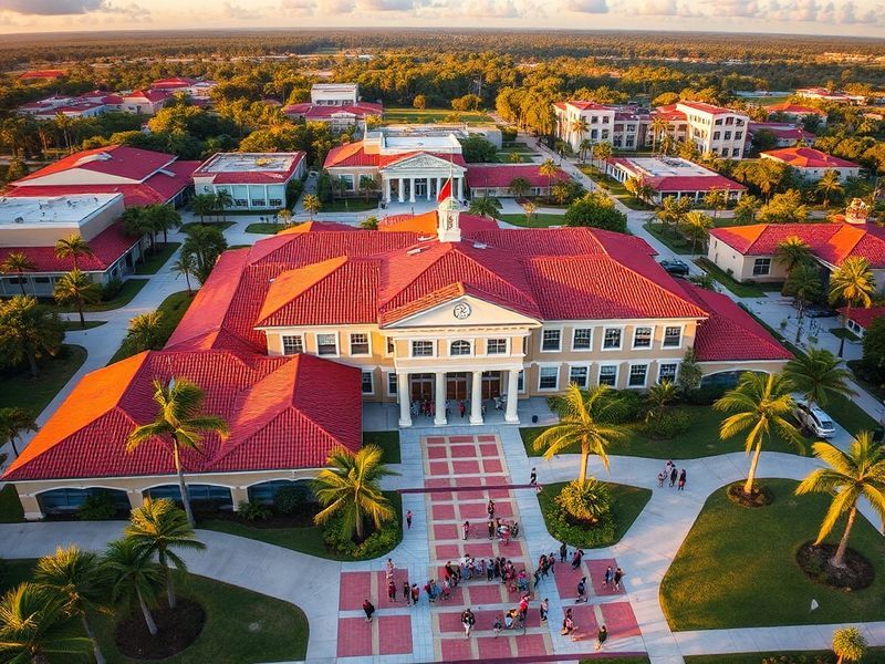 A vibrant aerial view of Jensen Beach High School's campus, showcasing modern facilities, athletic fields, and students engag