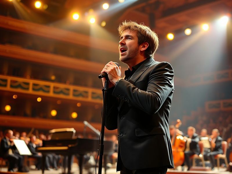 A mid-shot of Josh Groban performing on stage, bathed in warm golden lighting, wearing a dark suit. His hands are slightly ra