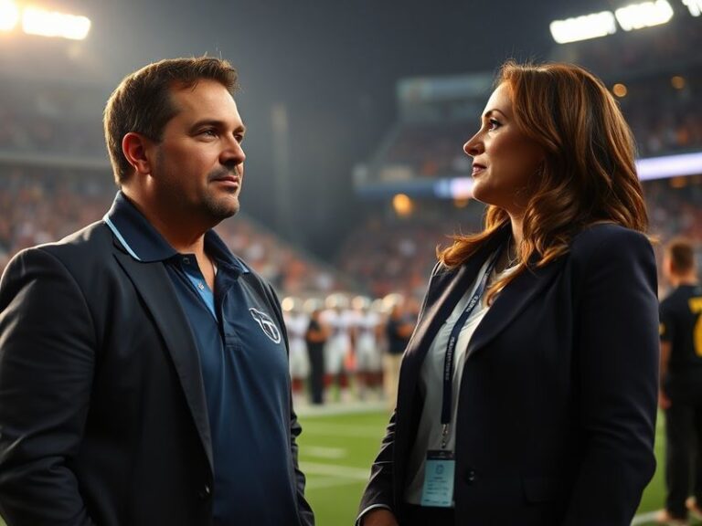 A split-image showing Mike Vrabel in a serious sideline discussion with Dianna Russini holding a microphone, set against the