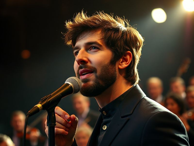 A vibrant concert photo of Josh Groban on stage, bathed in warm stage lighting, singing into a microphone with a grand piano