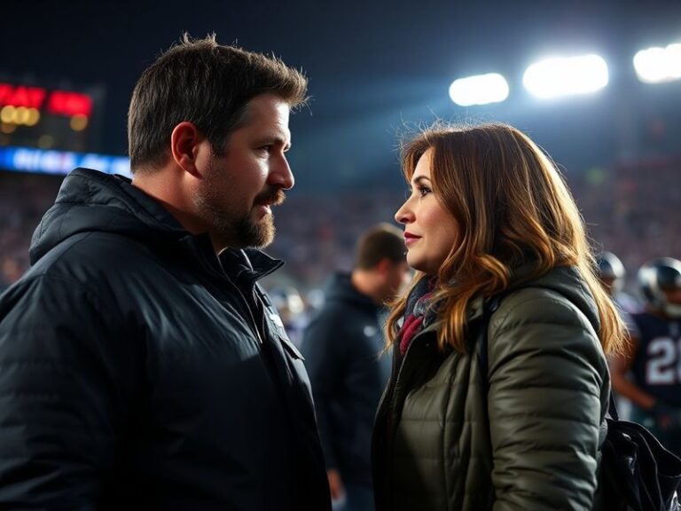 A candid photo of Mike Vrabel and Dianna Russini at a Titans game, captured in a moment of conversation on the sidelines. Vra