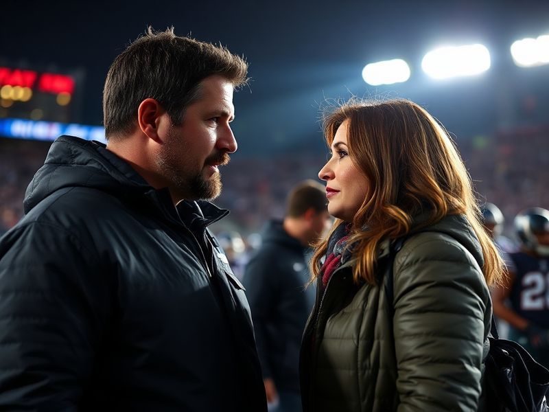 A candid photo of Mike Vrabel and Dianna Russini at a Titans game, captured in a moment of conversation on the sidelines. Vra