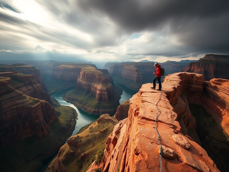 A dramatic shot of hikers navigating the chain section on Angels Landing, with steep canyon walls and the Virgin River far be
