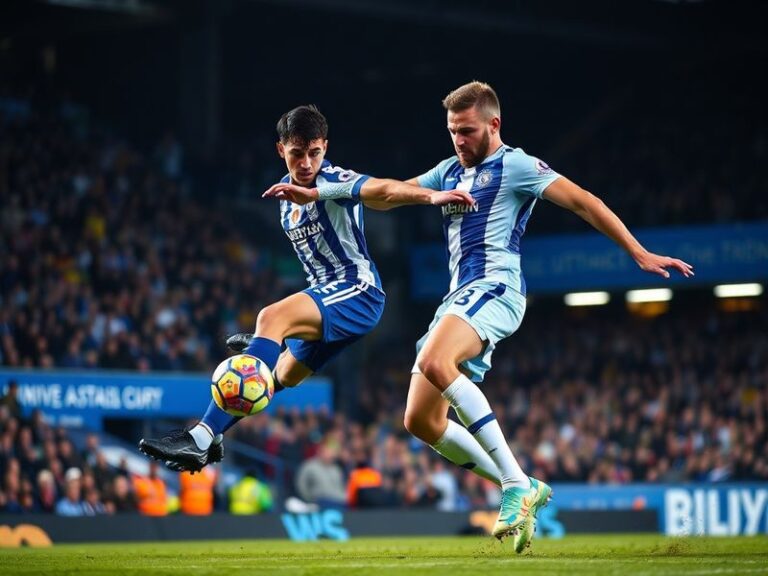 A vibrant stadium atmosphere showing Brighton's Amex Stadium and Chelsea's Stamford Bridge side by side, with fans in colorfu