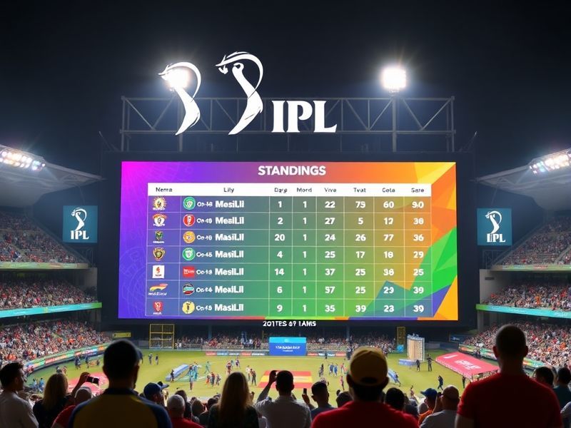 A vibrant cricket stadium packed with cheering fans, featuring IPL team logos projected on the scoreboard and players in acti
