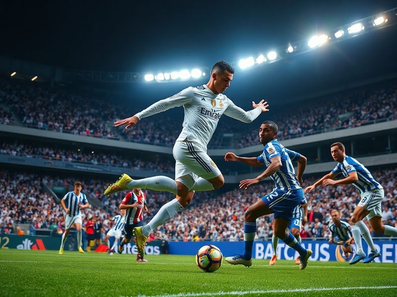 A dynamic action shot from the Real Madrid vs Alavés match at Santiago Bernabéu. The image captures Vinícius Jr. in a dribble