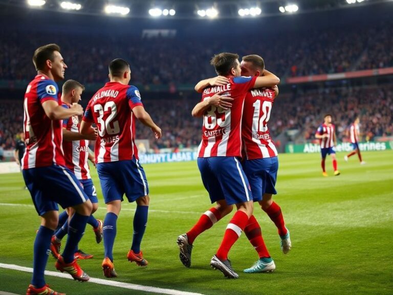 A vibrant football stadium atmosphere with Girona players celebrating a goal, Betis players in defensive positions, and the M
