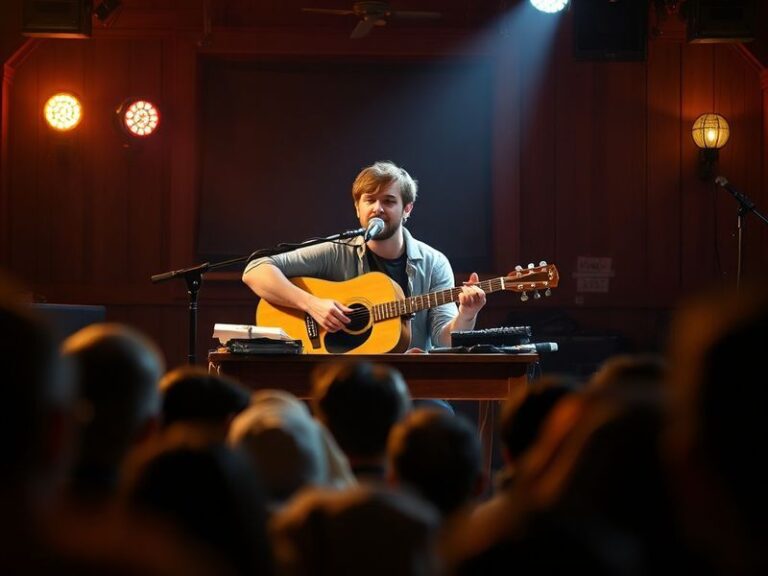 A cozy, warm-toned photo of Noah Kahan performing at the NPR Tiny Desk, wearing a flannel shirt and acoustic guitar in hand,