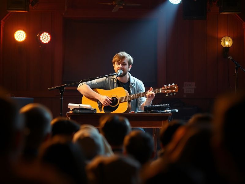 A cozy, warm-toned photo of Noah Kahan performing at the NPR Tiny Desk, wearing a flannel shirt and acoustic guitar in hand,