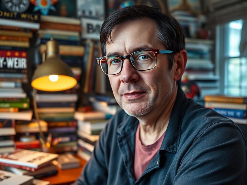 A split-image illustration: the left side shows Andy Weir in a modern home office, surrounded by books and a laptop, with a N