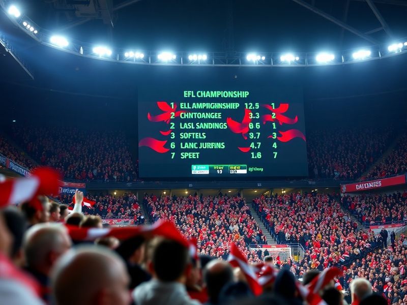A vibrant stadium shot of a Championship match with fans in the stands, players in action on the pitch, and the scoreboard di