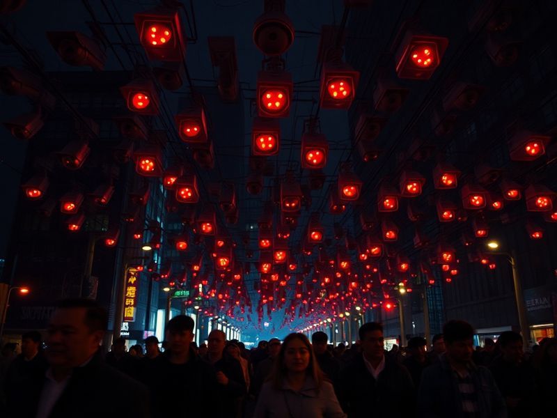 A split-screen image showing a city street with surveillance cameras on one side and a person covering their face with a hood