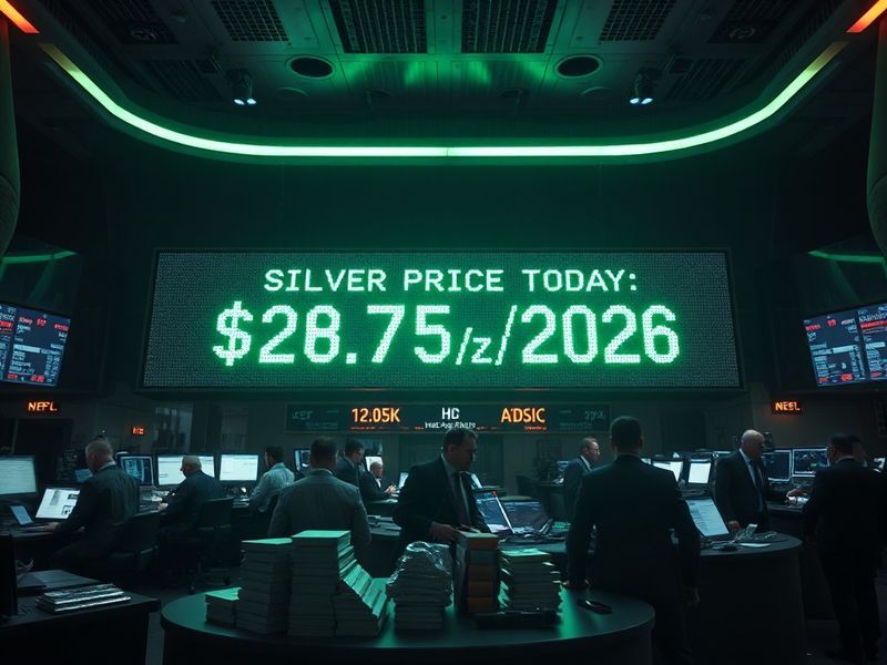 A close-up shot of silver bars and coins arranged on a financial newspaper, with a digital stock chart overlay. The scene is