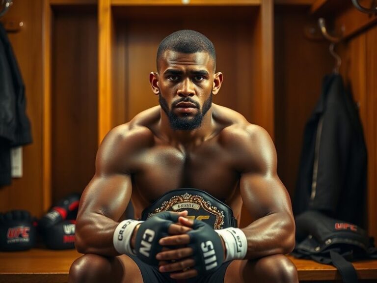 Gilbert Burns in a black UFC shirt, standing in an octagon with a serious expression, surrounded by the crowd. The lighting i