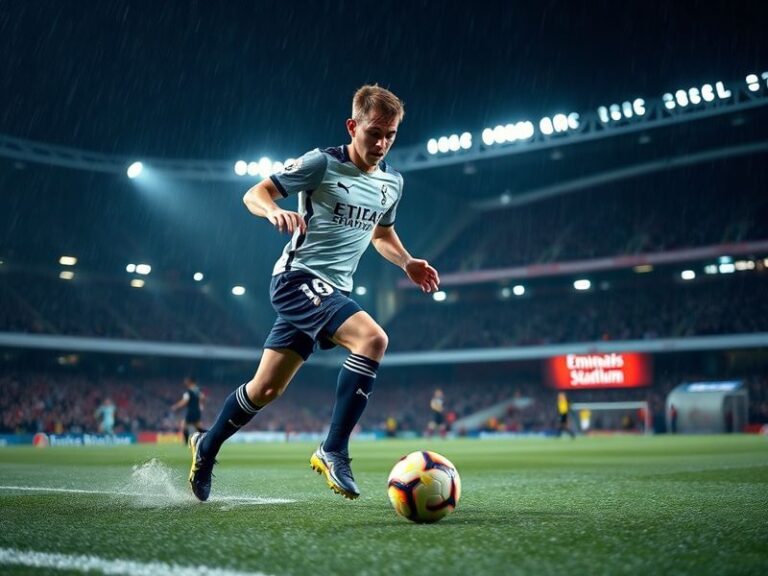 A dynamic action shot of Harry Winks in a Tottenham Hotspur kit, mid-pass, surrounded by blurred opposition players. The imag