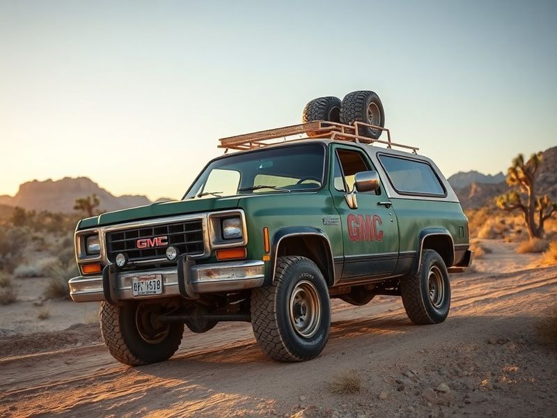 A well-preserved GMC Jimmy Syclone parked on a dirt road, showcasing its black paint, red stripes, and lifted suspension. The