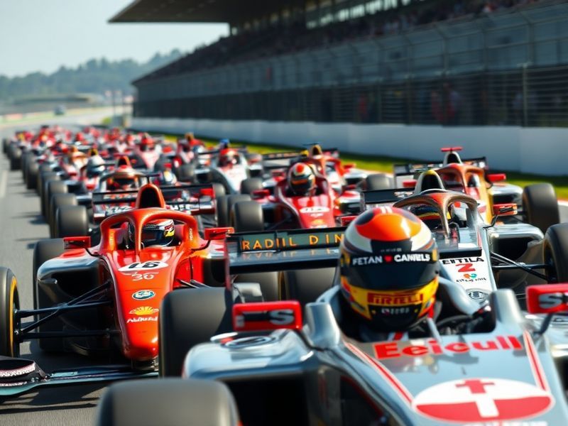 A dynamic shot of an F1 driver in a red racing suit entering a high-speed corner at Monaco, with blurred background emphasizi