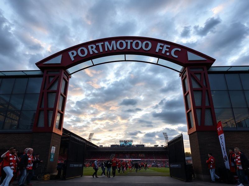 A wide-angle shot of Fratton Park during a match, showing the packed stands with fans in Pompey blue, the historic stadium ar