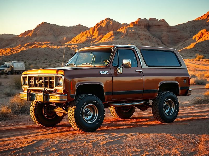 A vintage GMC Jimmy parked on a scenic overlook at sunset, showcasing its rugged design against a mountainous landscape. The