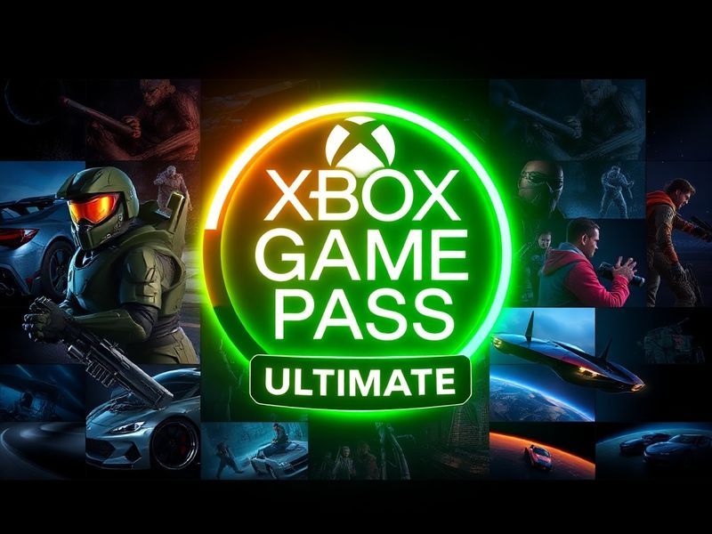 A sleek promotional image of the Xbox Series X console with a glowing Game Pass logo on screen, surrounded by a diverse selec