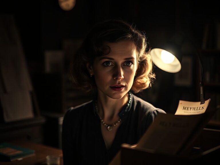 A portrait of Anna Maxwell Martin on stage, wearing a vintage-inspired dress with dramatic lighting, conveying intensity and