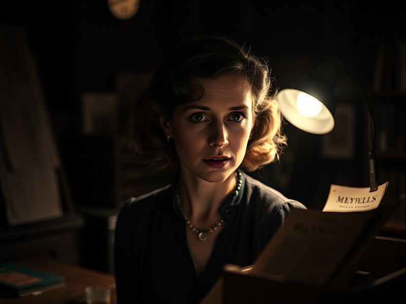 A portrait of Anna Maxwell Martin on stage, wearing a vintage-inspired dress with dramatic lighting, conveying intensity and