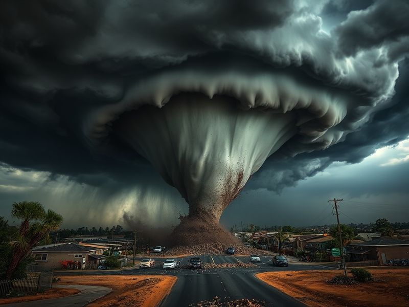 A dramatic scene of a tornado touching down in a Fresno neighborhood, with debris flying and power lines swaying. The sky is