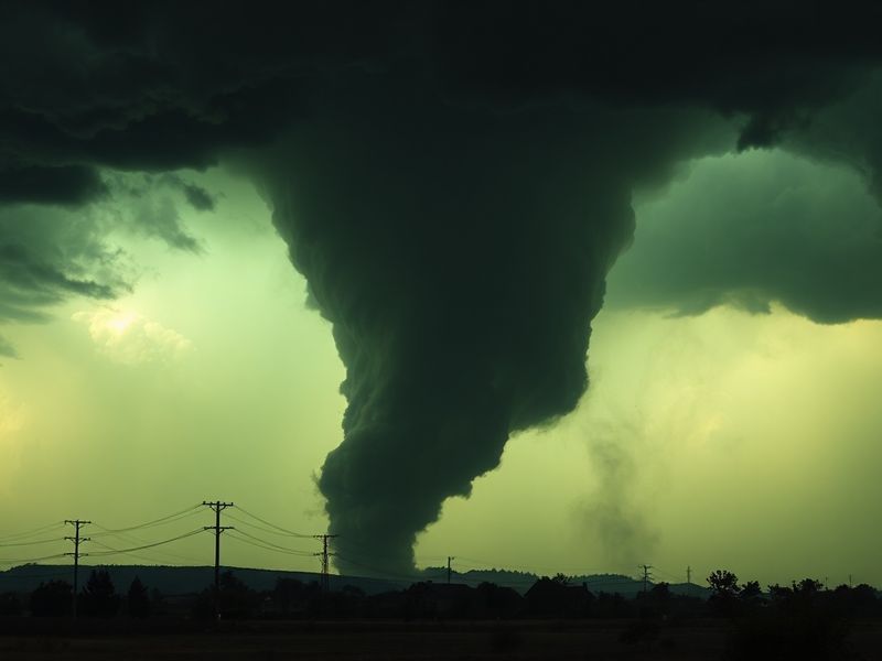 A dramatic yet calm scene of a rotating funnel cloud forming over a suburban Fresno neighborhood during daylight hours, with