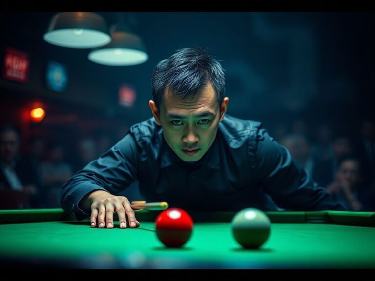 A dynamic action shot of Fan Zhengyi in mid-break during a professional snooker match, with intense focus on his face, a snoo
