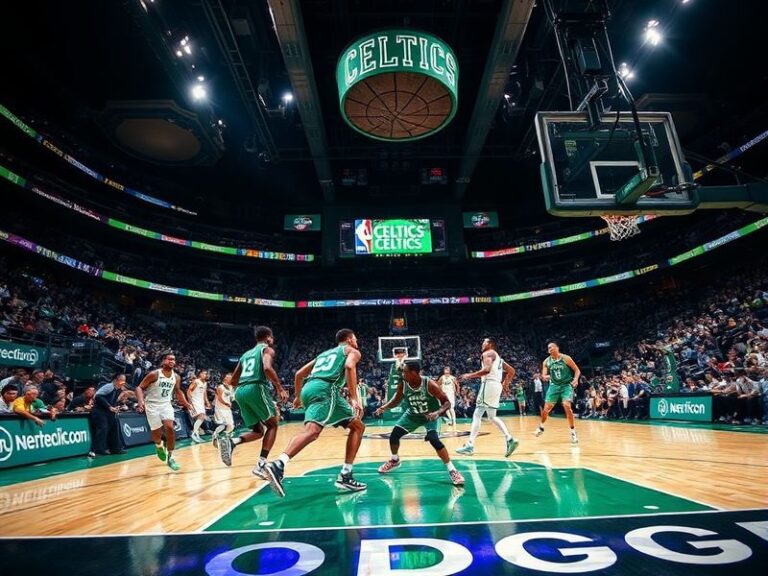 A dynamic NBA basketball game at TD Garden with the Boston Celtics in green jerseys playing against a rival team. The arena i