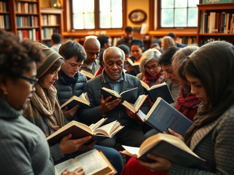 A vintage-style illustration showing a diverse group of Americans from different eras reading the Bible together in a histori