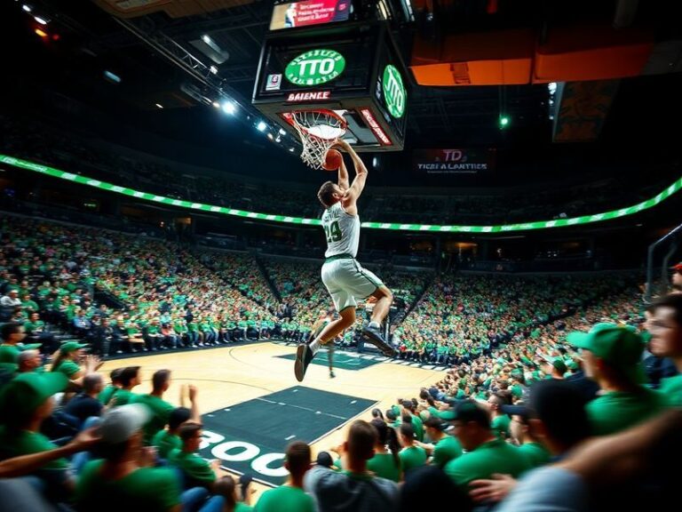 A dynamic action shot of Jayson Tatum mid-game, wearing a Celtics jersey, driving to the basket against Orlando Magic defende