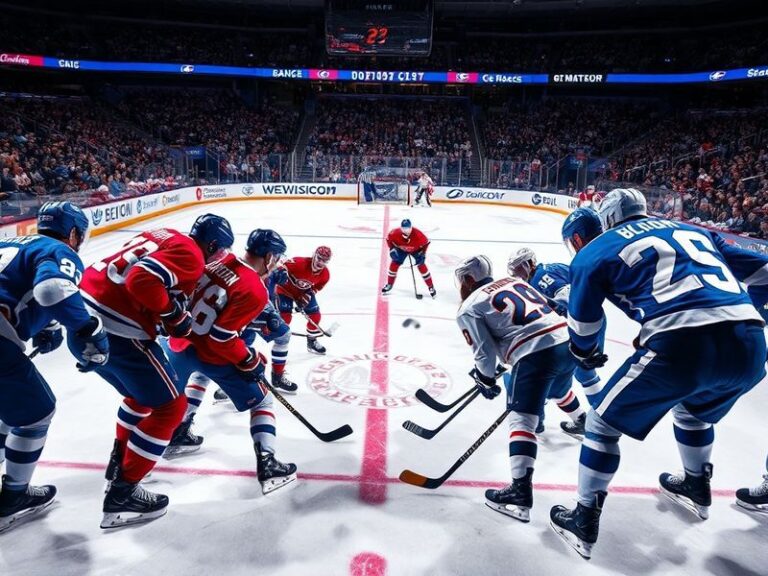 An intense NHL game between the Montreal Canadiens (wearing red jerseys) and Tampa Bay Lightning (in white) on the ice, with