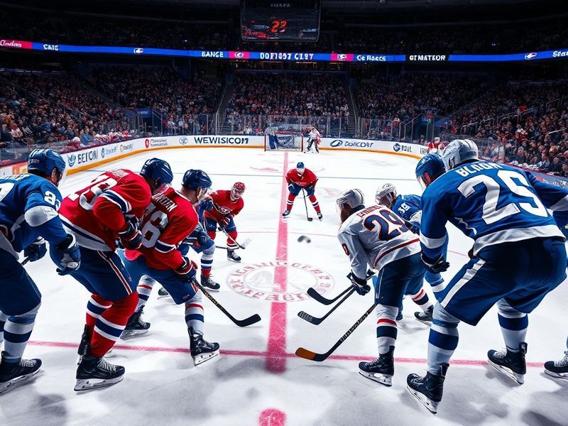 An intense NHL game between the Montreal Canadiens (wearing red jerseys) and Tampa Bay Lightning (in white) on the ice, with