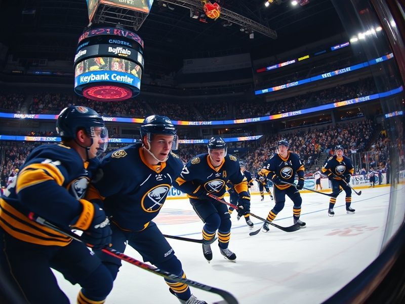 A packed Buffalo Sabres arena during a home game, with fans in blue and gold jerseys, the scoreboard visible in the backgroun